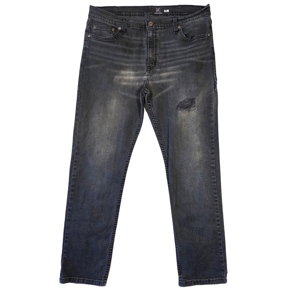 George Mens Slim Fit Jeans 36x30 Grey Faded Distressed Denim Pants GM0110G